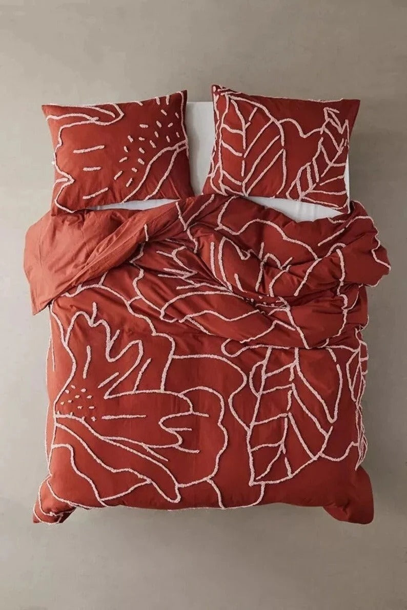 3 Piece Rust Boho Tufted Duvet Cover Set
