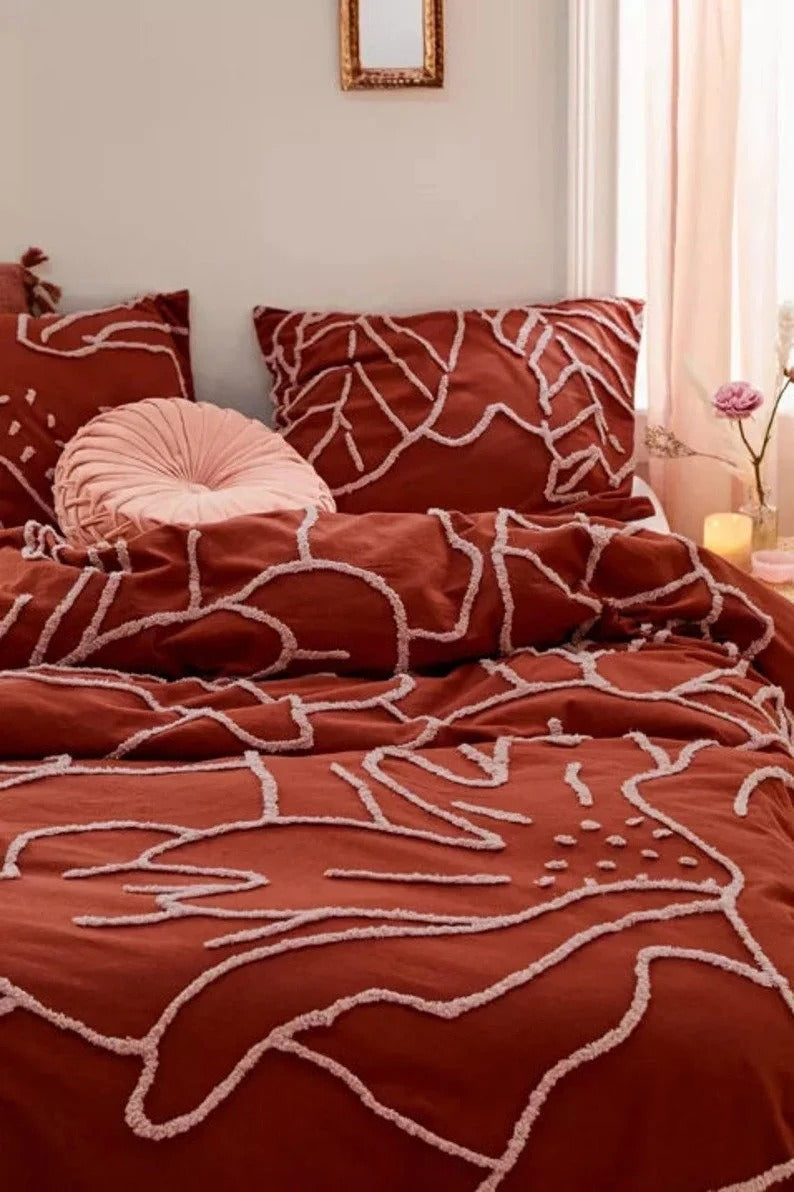 3 Piece Rust Boho Tufted Duvet Cover Set