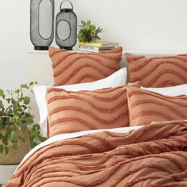 3 pcs Burnt Orange Tufted Duvet Cover