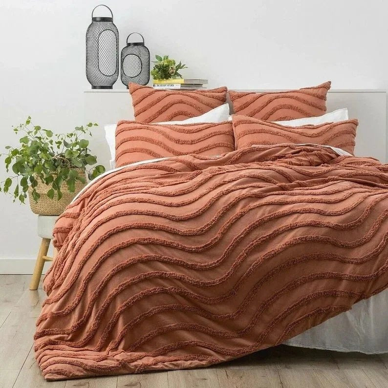 3 pcs Burnt Orange Tufted Duvet Cover