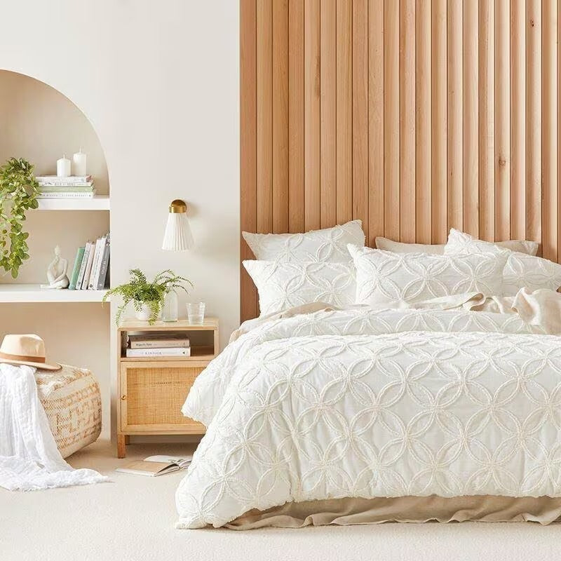 3 Piece White Cotton Tufted Duvet Cover