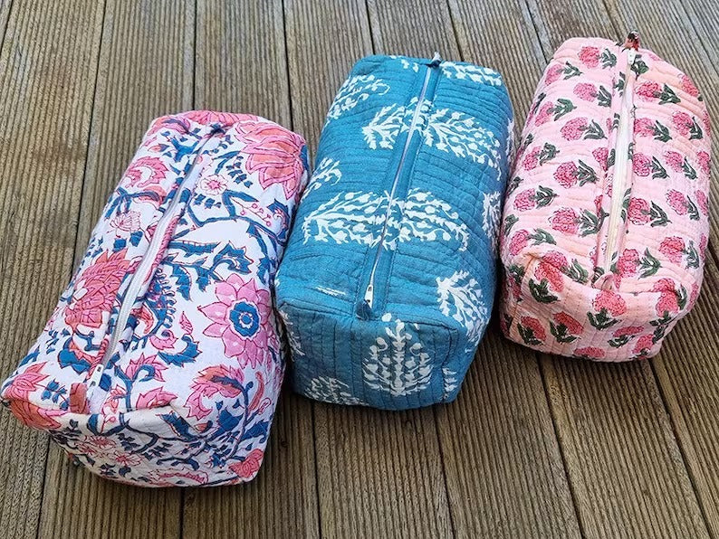 Block/ Floral Print Cosmetic Bag