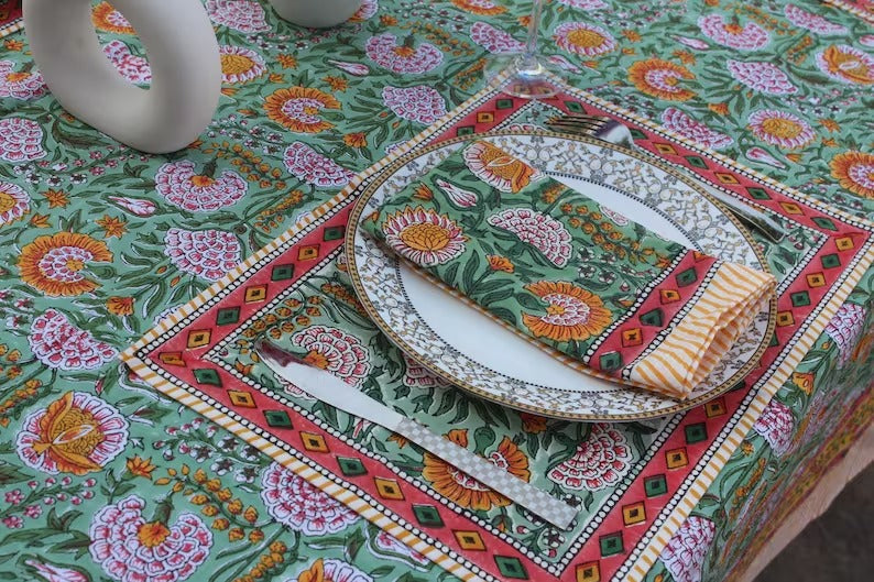 Indian Thick Cotton Fabric Handblock Printed Tablecloths