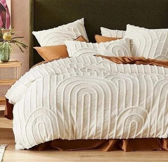 3 Piece Tufted Cotton Duvet Cover Set, White/Ivory Duvet Cover With Pillowcases, King/Queen/Twin Custom Size Quilt Comforter Cover Set