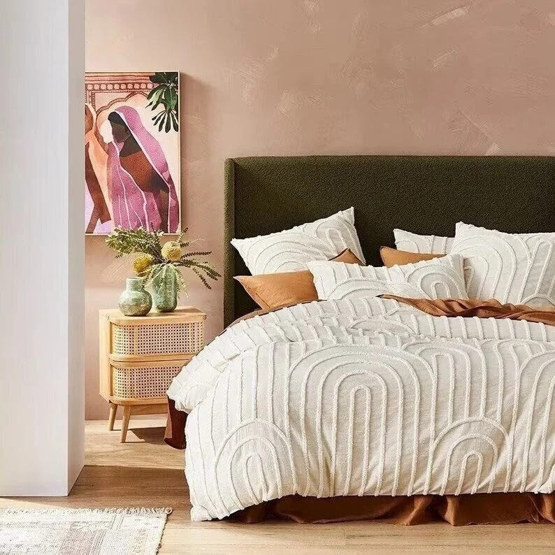 3 Piece Tufted Cotton Duvet Cover Set, White/Ivory Duvet Cover With Pillowcases, King/Queen/Twin Custom Size Quilt Comforter Cover Set