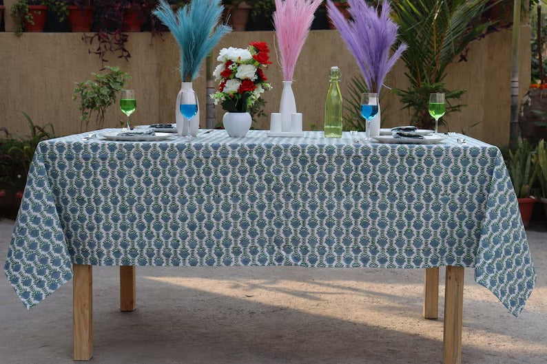 100% Cotton Block Print Table Cloth Kitchen Dining Table Cover With Napkins Boho Farmhouse Décor Tablecloth Wedding Table cloth Table Top