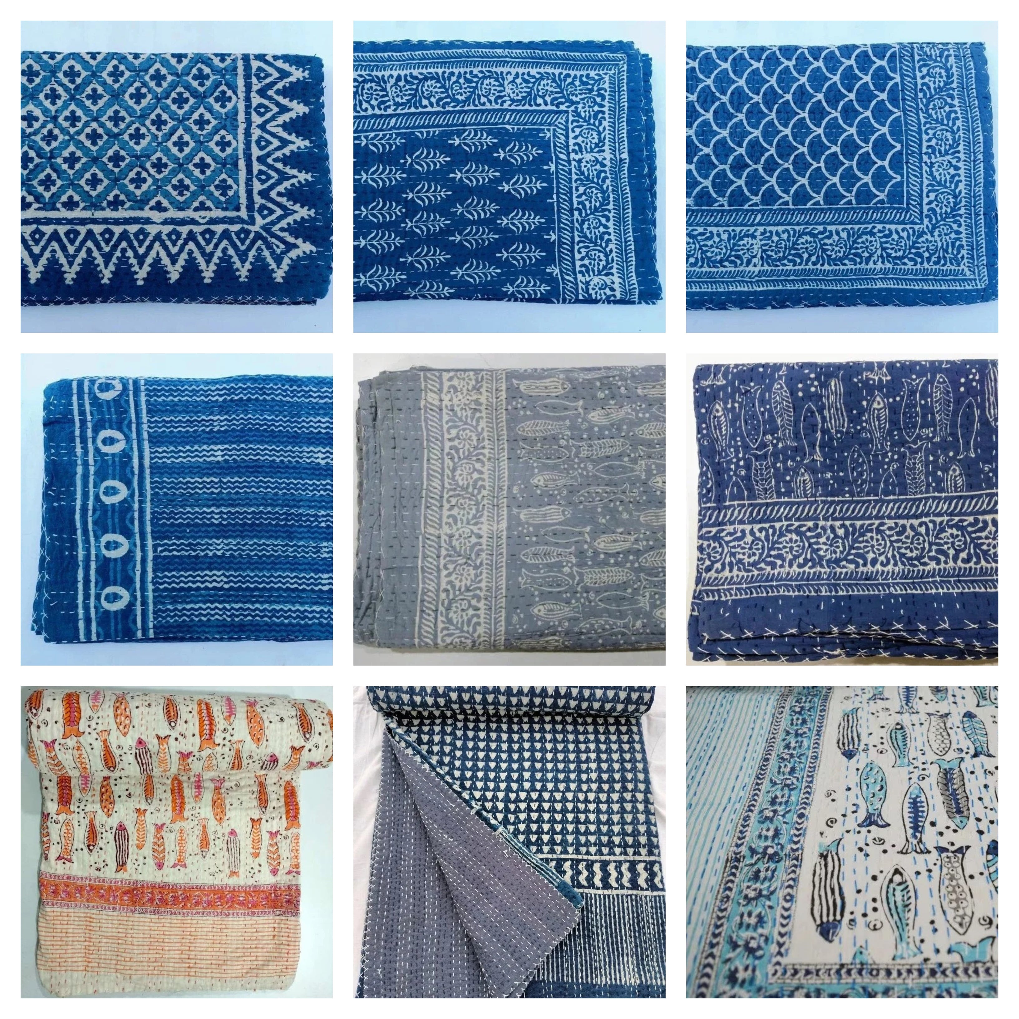Blue Printed Cotton Bed Quilt