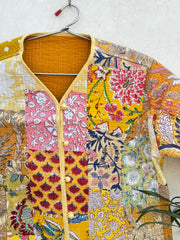 New Style Cotton Patchwork Jacket, Cotton Quilted Yellow Jacket, Boho Women's Jacket , Reusable Jacket , Square Patches Jacket, Jacket For Her