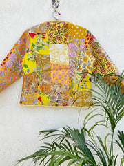 New Style Cotton Patchwork Jacket, Cotton Quilted Yellow Jacket, Boho Women's Jacket , Reusable Jacket , Square Patches Jacket, Jacket For Her