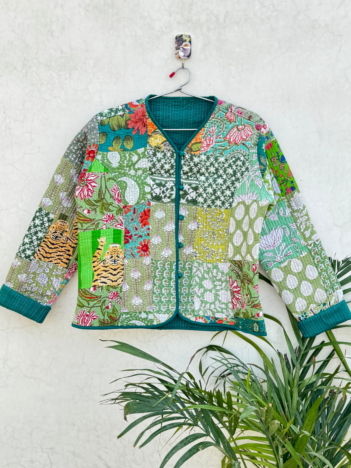 Green Cotton Handmade Short Jacket, Three Layer Quilted Patchwork Vintage Jacket, Eco-Friendly Style Coat, Blazer Perfect For Layering