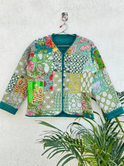 Green Cotton Handmade Short Jacket, Three Layer Quilted Patchwork Vintage Jacket, Eco-Friendly Style Coat, Blazer Perfect For Layering
