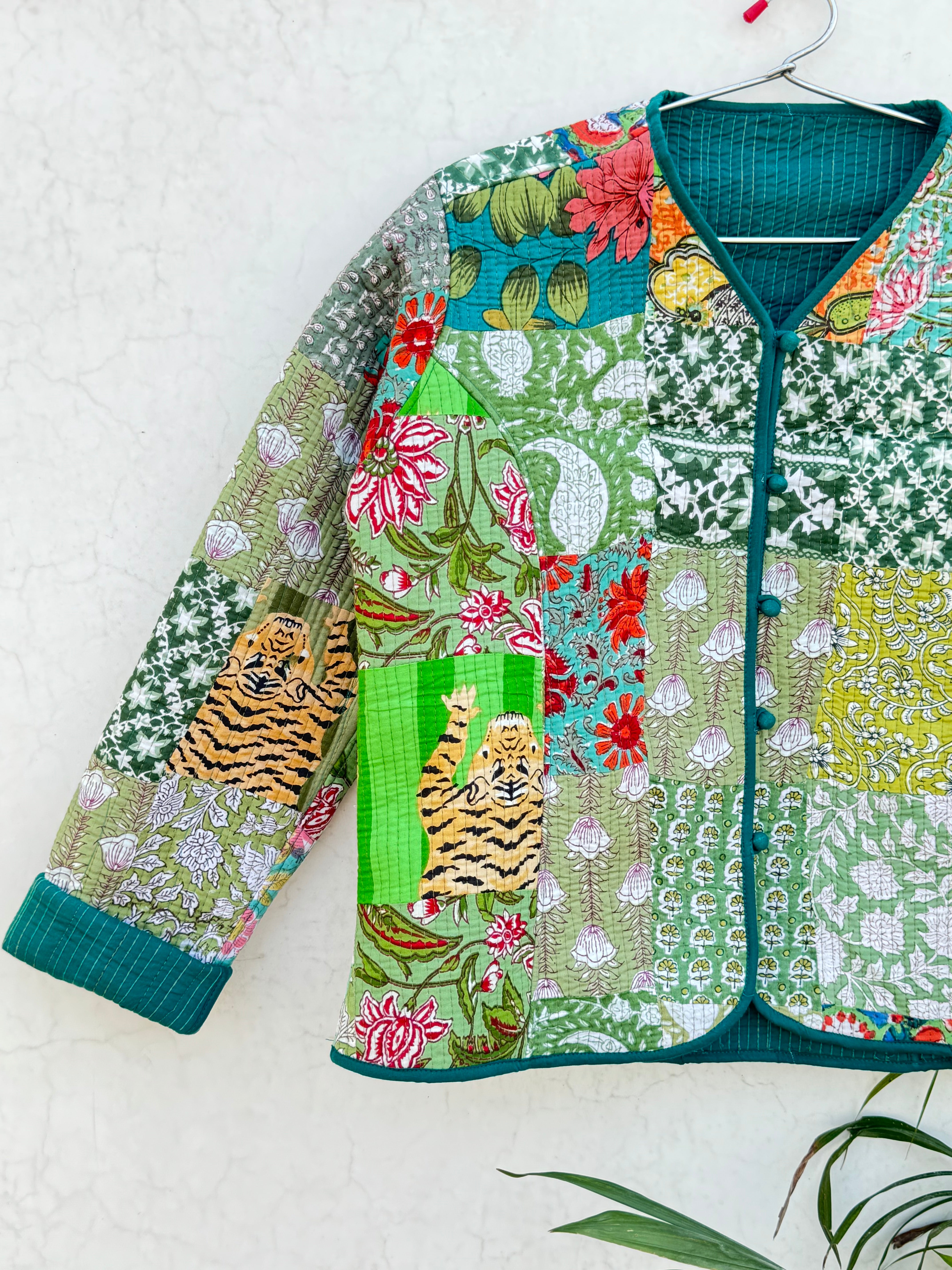 Green Cotton Handmade Short Jacket, Three Layer Quilted Patchwork Vintage Jacket, Eco-Friendly Style Coat, Blazer Perfect For Layering