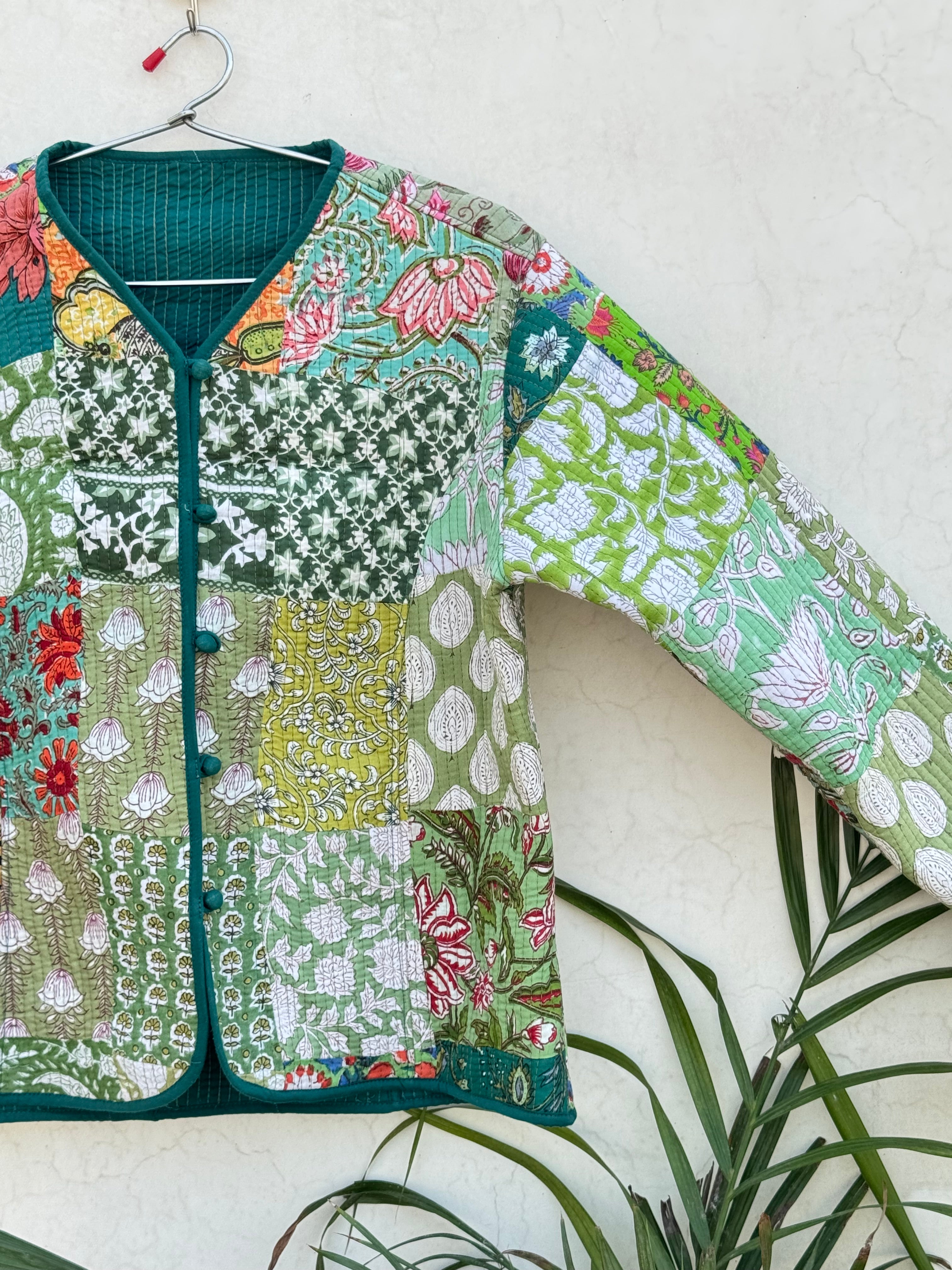 Green Cotton Handmade Short Jacket, Three Layer Quilted Patchwork Vintage Jacket, Eco-Friendly Style Coat, Blazer Perfect For Layering