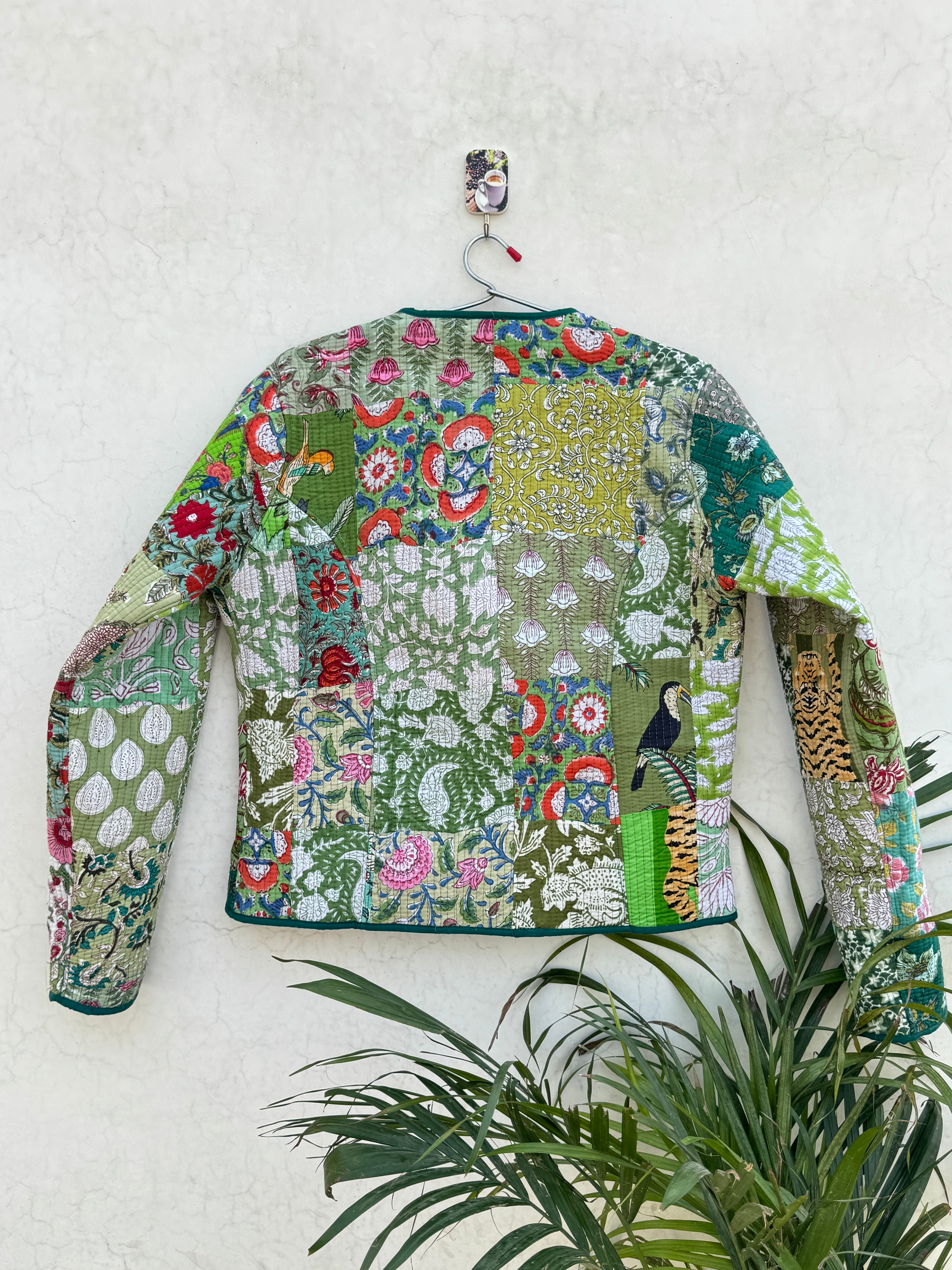 Green Cotton Handmade Short Jacket, Three Layer Quilted Patchwork Vintage Jacket, Eco-Friendly Style Coat, Blazer Perfect For Layering