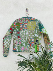 Green Cotton Handmade Short Jacket, Three Layer Quilted Patchwork Vintage Jacket, Eco-Friendly Style Coat, Blazer Perfect For Layering