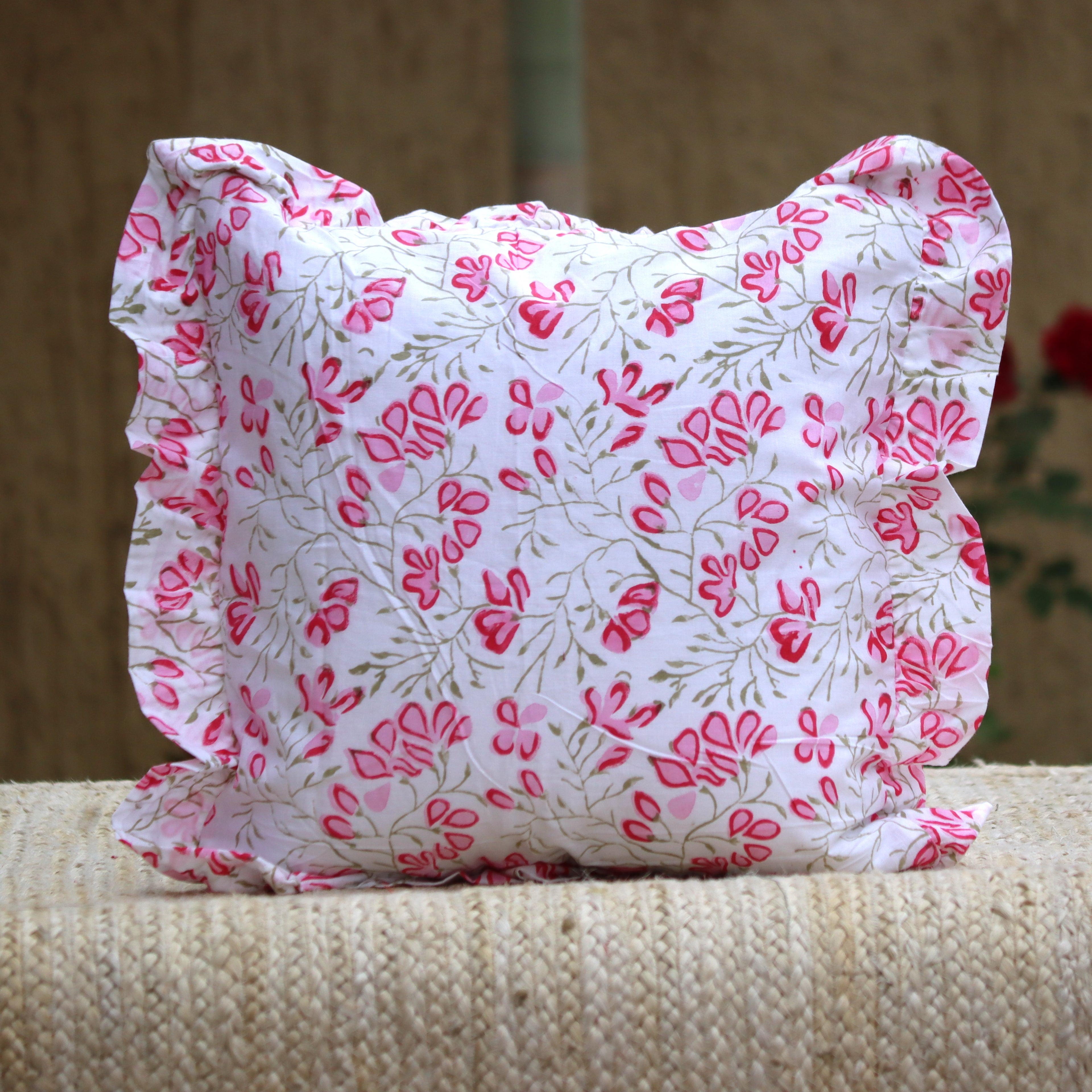 Handmade block print pillow cover with frill