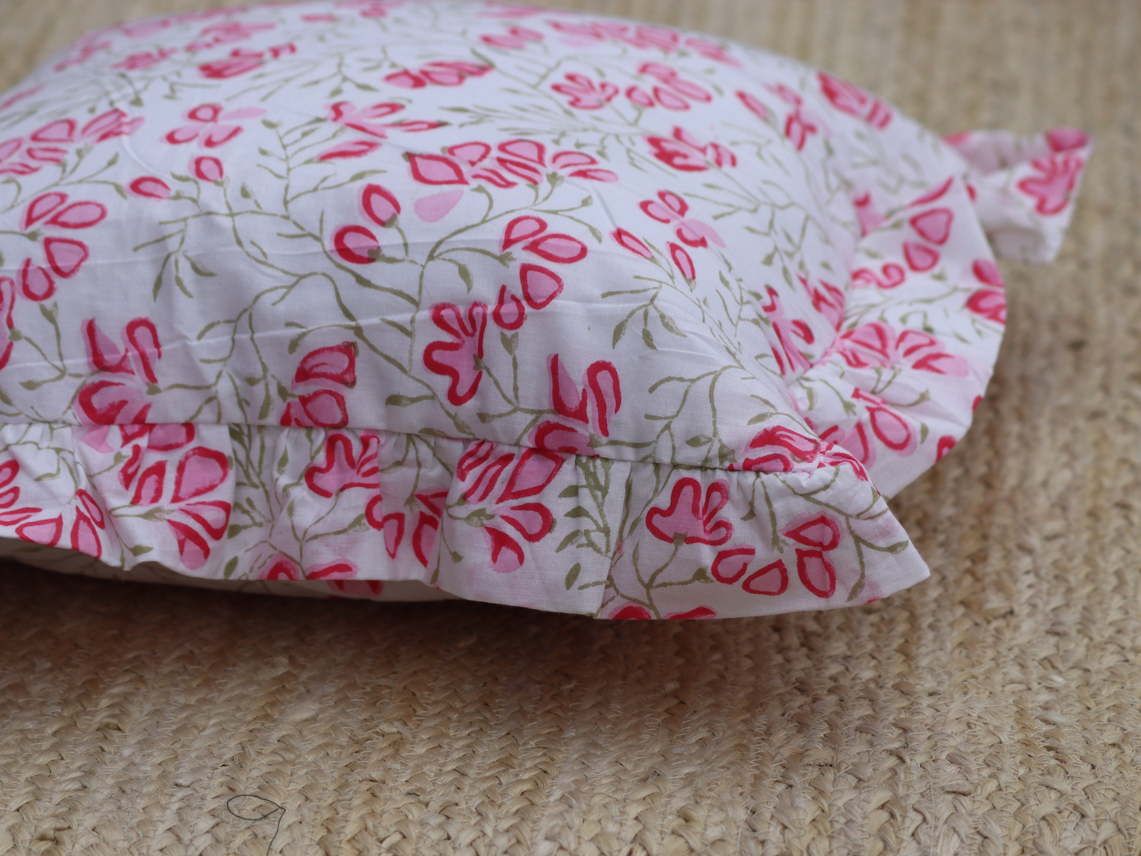 Handmade block print pillow cover with frill