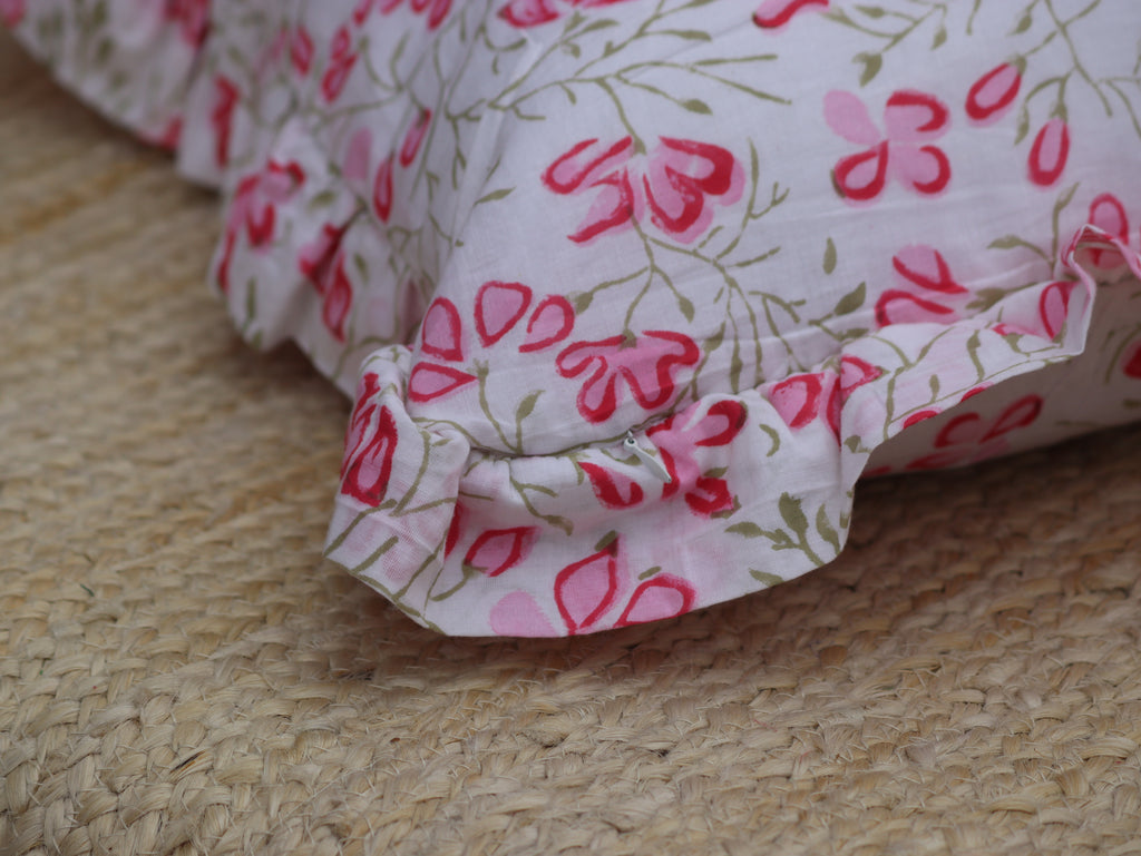 Handmade block print pillow cover with frill