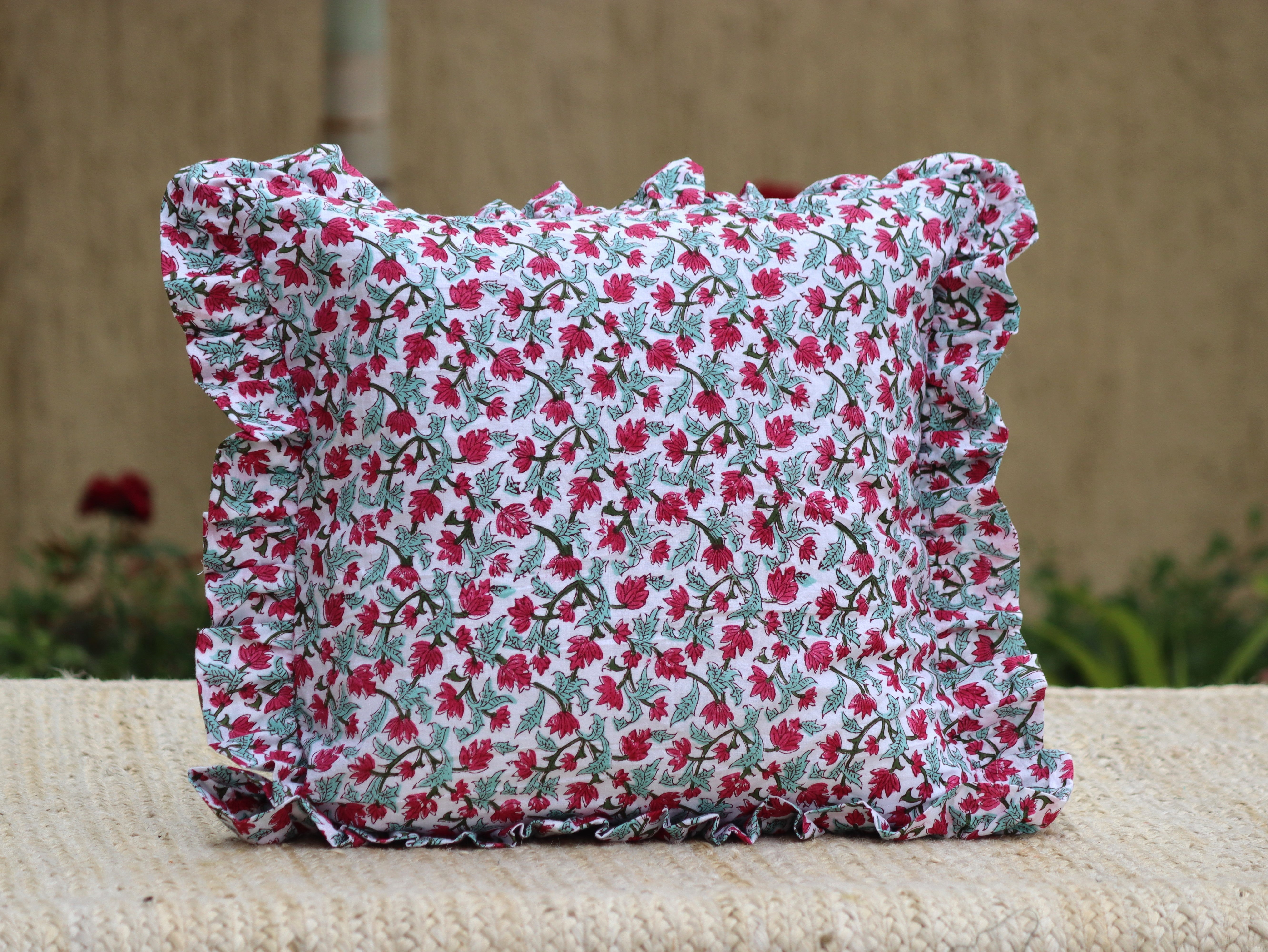 Hand Block Print Boho Cushion Cover With Frill/ Floral Cushion Cover/ Ruffle Pillow Cover Cotton Bed Throw Pillow Cover/ Bohemian Pillowcase