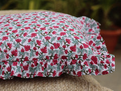 Hand Block Print Boho Cushion Cover With Frill/ Floral Cushion Cover/ Ruffle Pillow Cover Cotton Bed Throw Pillow Cover/ Bohemian Pillowcase