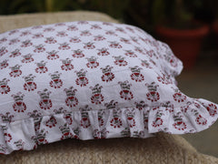 Indian Cotton Washable Pillow Cover, Square Cushion Cover With Frill, Hand Block Print Pillow Case For Sale
