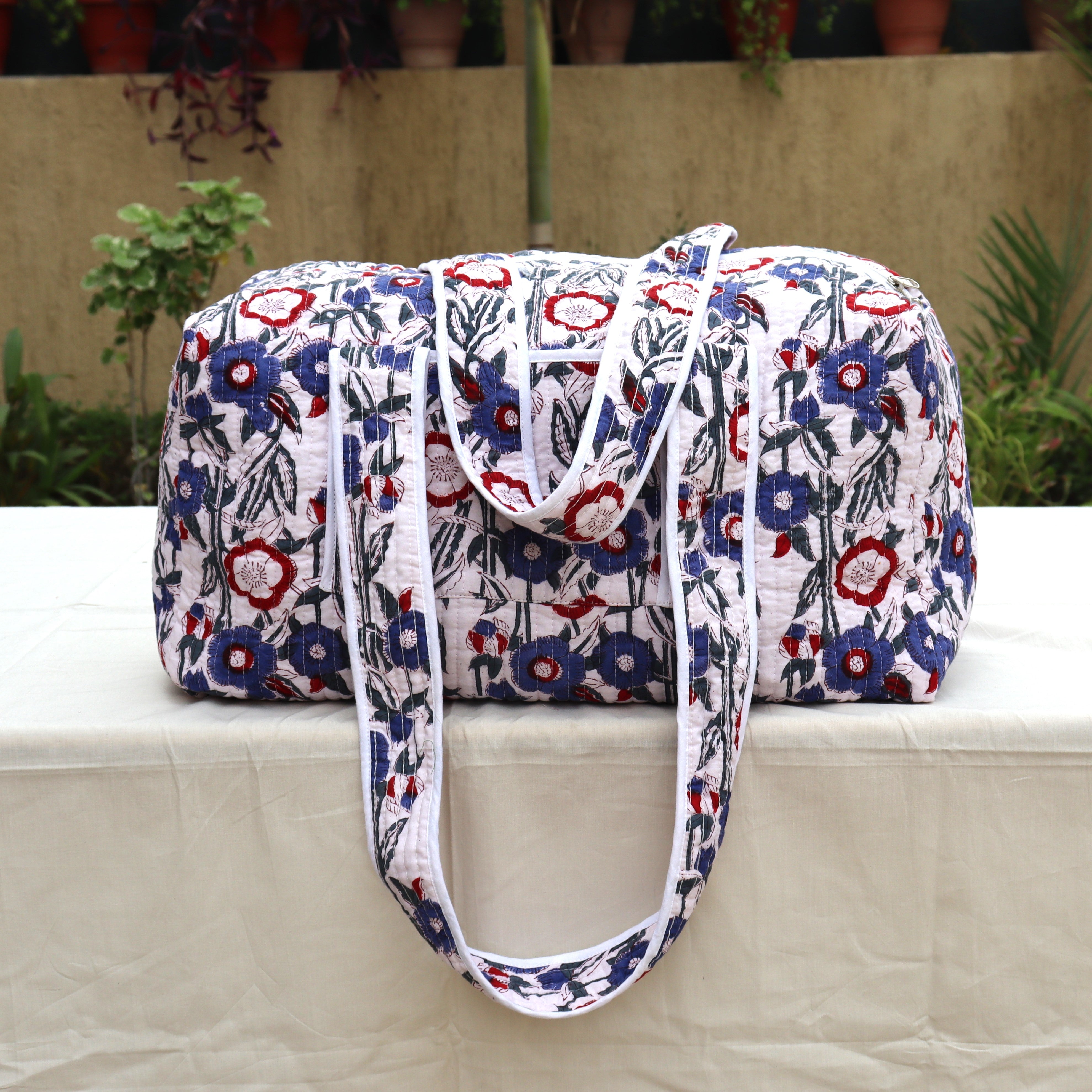 Large Cotton Weekender Duffle Bag Quilted Shoulder Bag For Woman Holiday Gift Overnight Travel Bag Handmade Luggage Shopping Bag