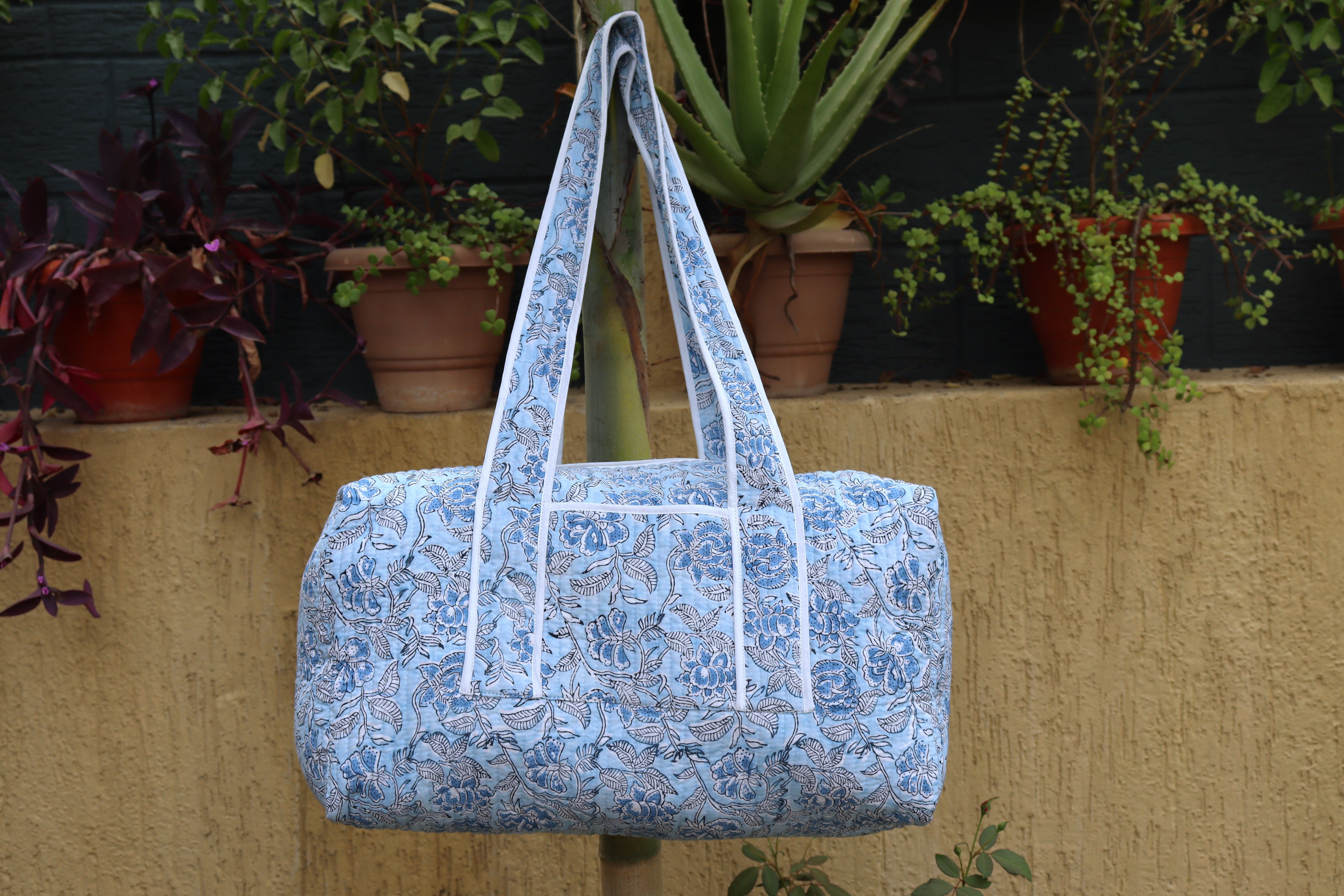 Large Cotton Quilted Blue Flower Duffle Bag For Women Storage Bag Block Print Travel Bag Weekender Bag Shoulder Bag Holliday Gift Tote Bag