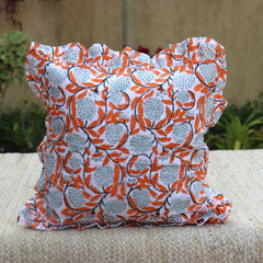 Floral Hand Block Printed Pillow Cover, Handmade Pillow Cover, Ruffled Pillow Covers, Sofa Throw Cotton Pillows Boho Home Décor Pillowcase