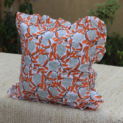 Floral Hand Block Printed Pillow Cover, Handmade Pillow Cover, Ruffled Pillow Covers, Sofa Throw Cotton Pillows Boho Home Décor Pillowcase