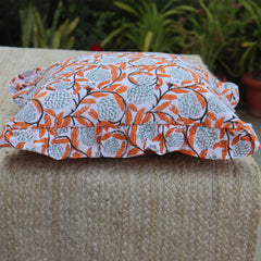Floral Hand Block Printed Pillow Cover, Handmade Pillow Cover, Ruffled Pillow Covers, Sofa Throw Cotton Pillows Boho Home Décor Pillowcase