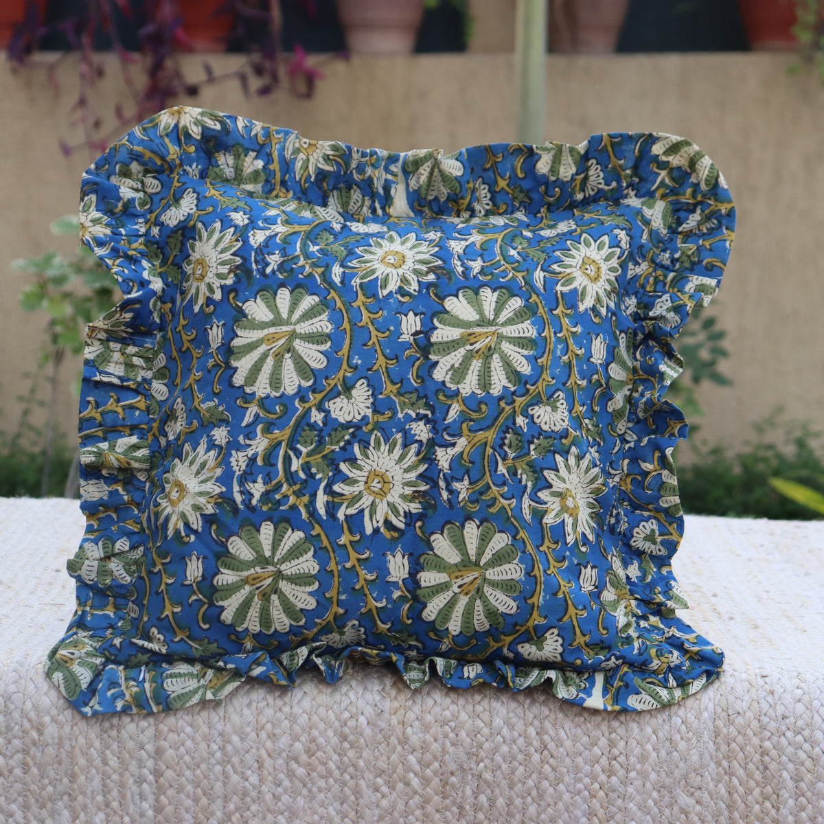 Sanganeri Block Print Cotton Pillow Cover with Lace, Handmade Cotton Throw Pillow, Boho Cushion, Square/Rectangle Couch Pillow, Sofa pillow