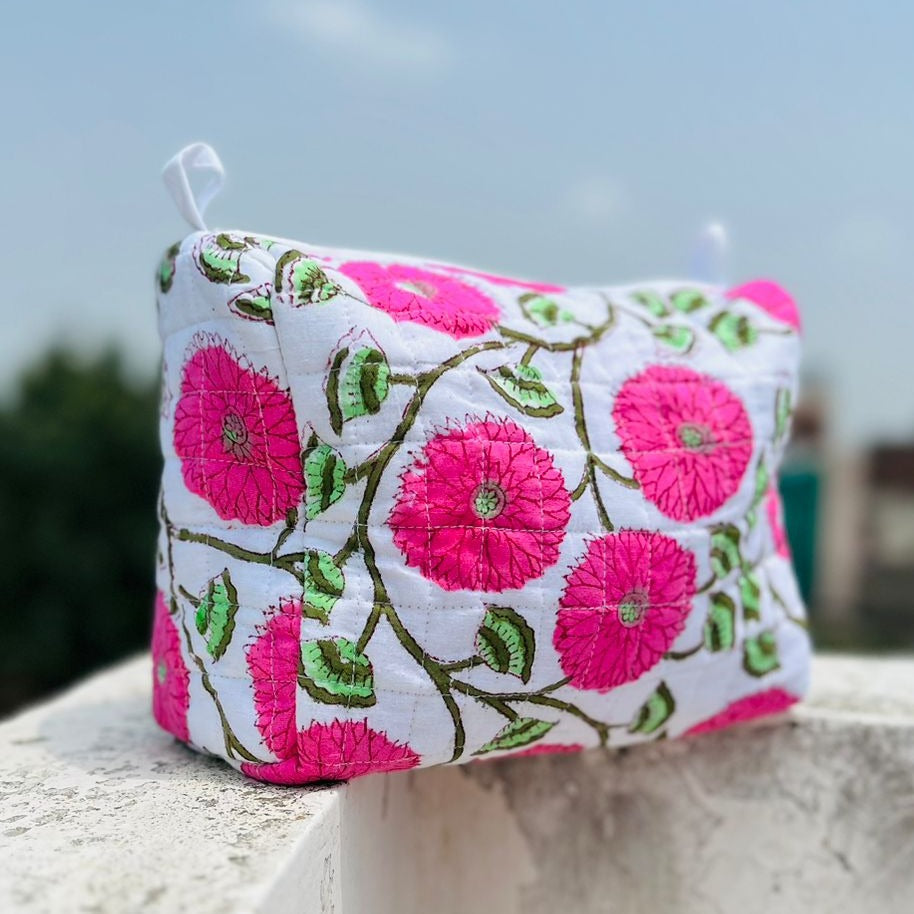 Handmade Cosmetic Bag For Woman, Block Print Toiletry Bag, Cotton Quilted Travel Bag, Boho Vanity Case, Indian Vintage Makeup Bags For Sale