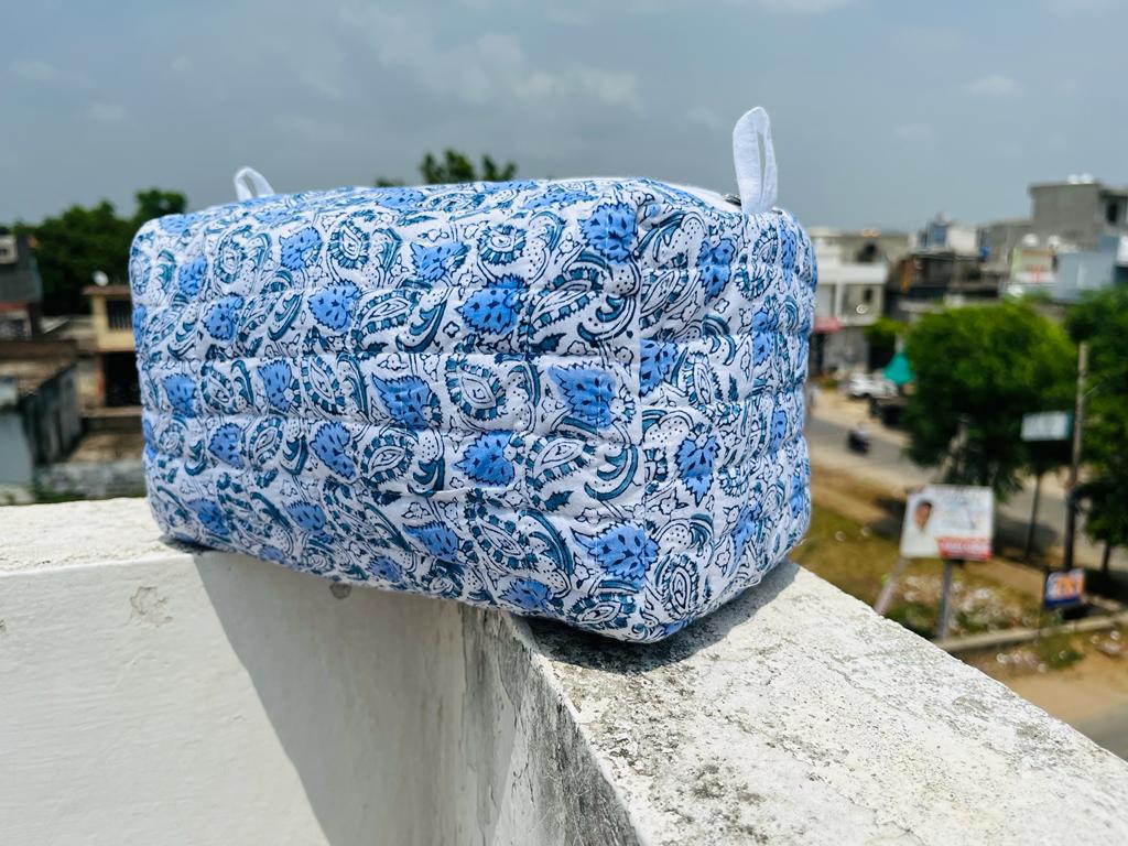 Large Cotton Block Print Cosmetic Pouch Bag Handmade Quilted Padding Toiletry Bag, Floral Hand Makeup Bag For Woman, Travel Bag Gift For Her