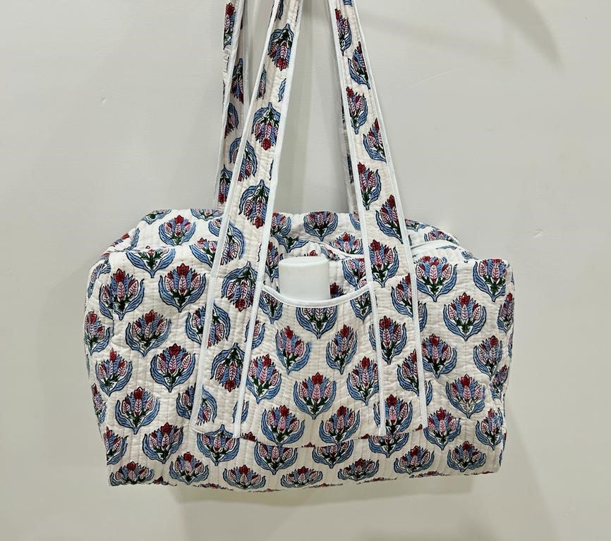 Handmade Cotton Quilted Duffle Travel Bag, Small Luggage Bags For Everyday Use, Gift For Her, Custom Overnight Bag, Block Print Shopping Bag
