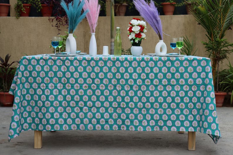 Hand Blocked Table Cover - Indian Cotton Washable Table Runner - Matching Napkins And Placemats