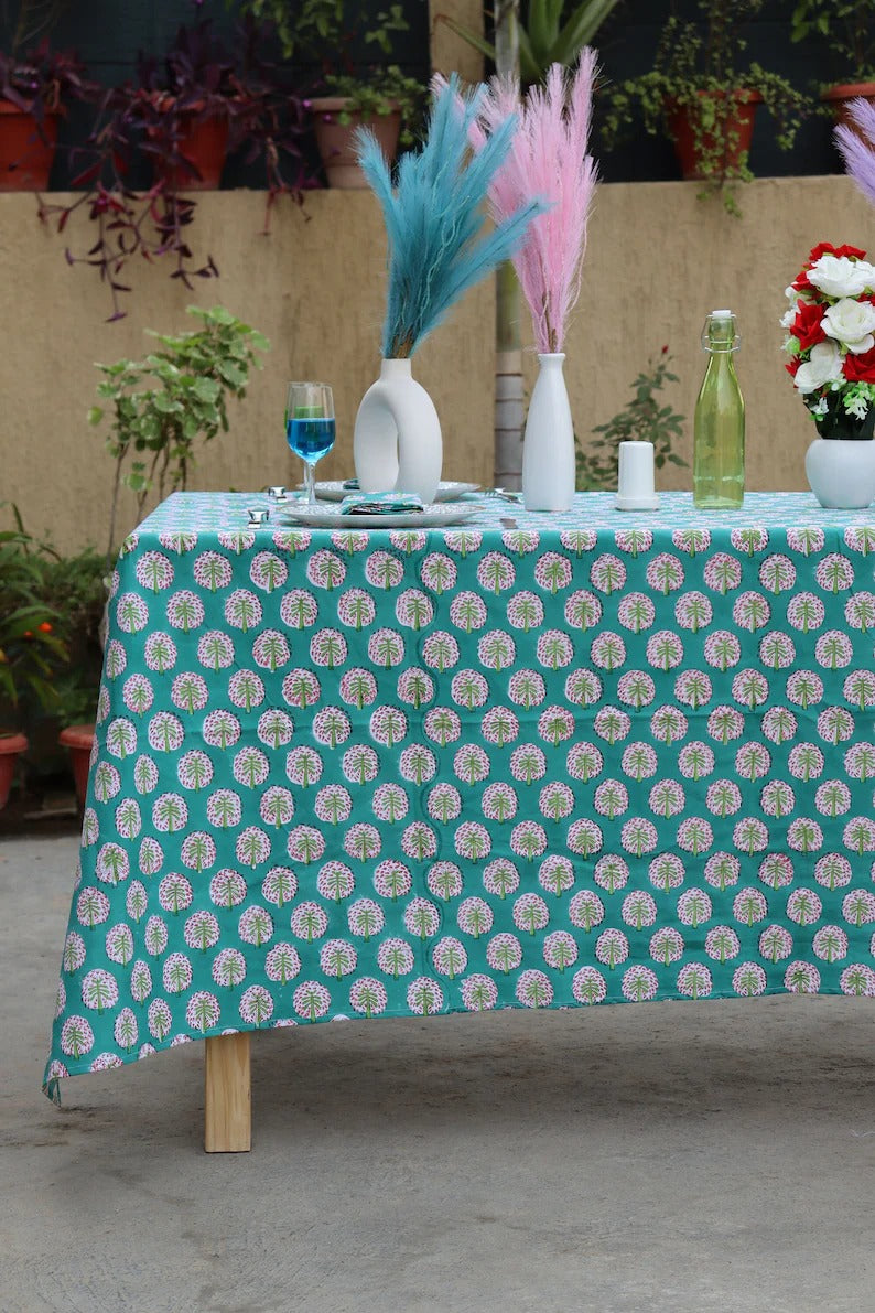 Hand Blocked Table Cover - Indian Cotton Washable Table Runner - Matching Napkins And Placemats