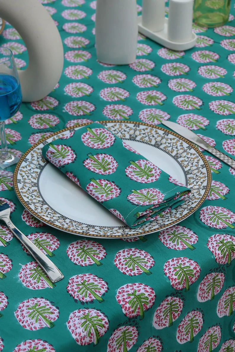Hand Blocked Table Cover - Indian Cotton Washable Table Runner - Matching Napkins And Placemats