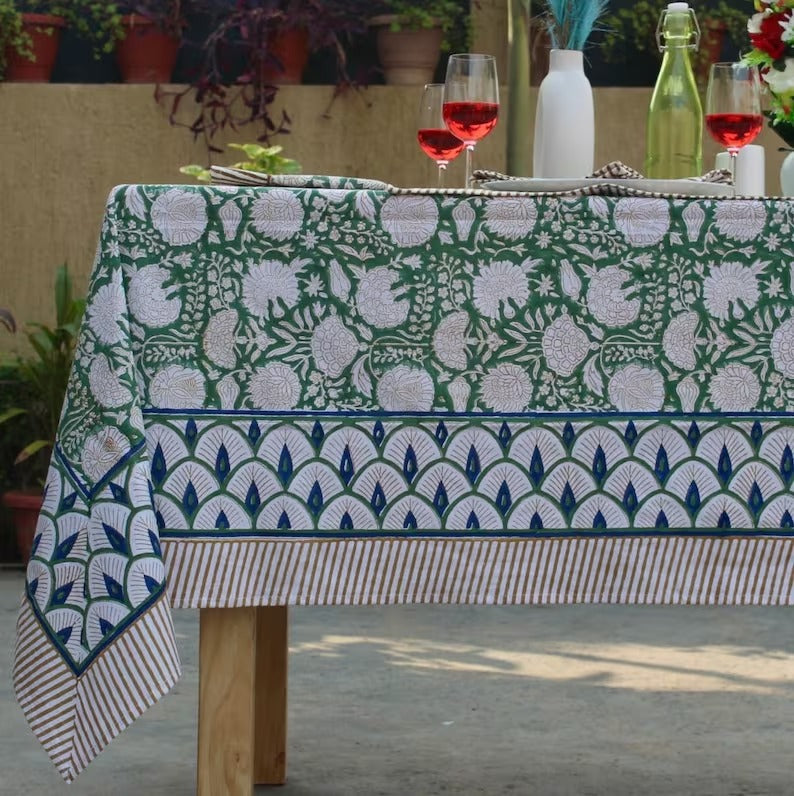 Handmade Cotton Round Table Cover - Handblock Print Thick Tablecloth, Napkin, Runner And Placemats