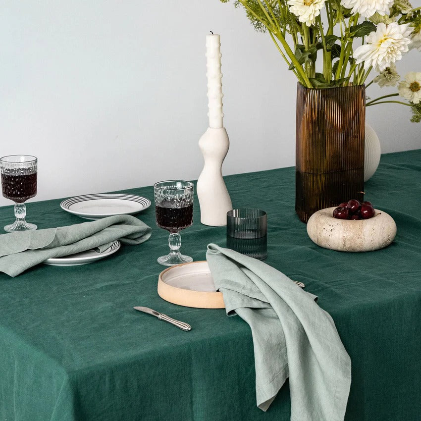 Bottle Green Cotton Table Cloth- Vintage Handmade Cotton Table Cover/ Napkins/ Runner/ Placemats For Home Decor & Kitchen Decor