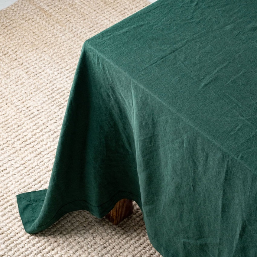 Bottle Green Cotton Table Cloth- Vintage Handmade Cotton Table Cover/ Napkins/ Runner/ Placemats For Home Decor & Kitchen Decor