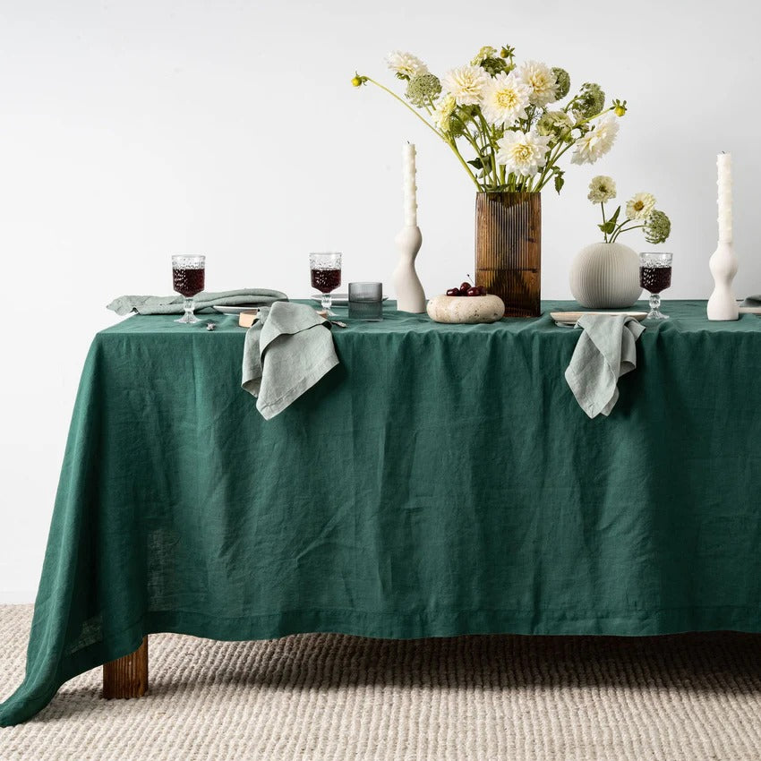 Bottle Green Cotton Table Cloth- Vintage Handmade Cotton Table Cover/ Napkins/ Runner/ Placemats For Home Decor & Kitchen Decor