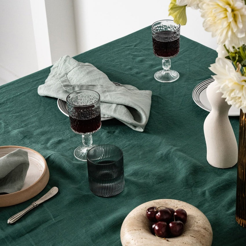Bottle Green Cotton Table Cloth- Vintage Handmade Cotton Table Cover/ Napkins/ Runner/ Placemats For Home Decor & Kitchen Decor