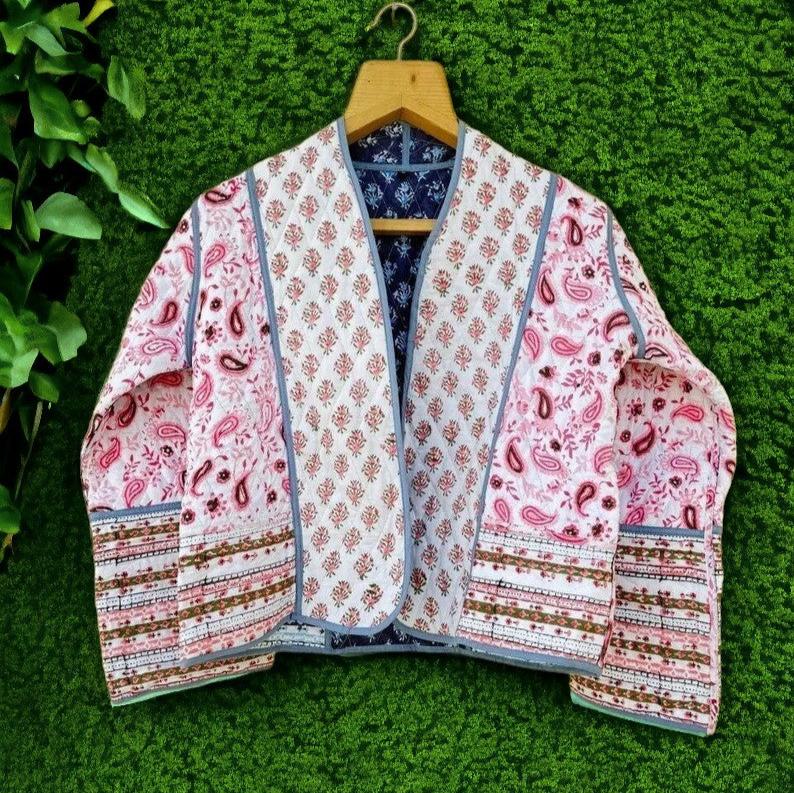 Handmade Cotton Quilted Jacket For Girls, Paisley Print Pink/Blue Reversible Jacket, Short Coat Gift For Woman, Stripe Piping Quilted Jacket