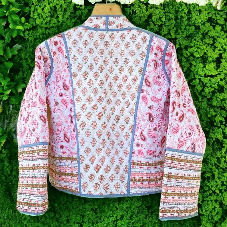 Handmade Cotton Quilted Jacket For Girls, Paisley Print Pink/Blue Reversible Jacket, Short Coat Gift For Woman, Stripe Piping Quilted Jacket