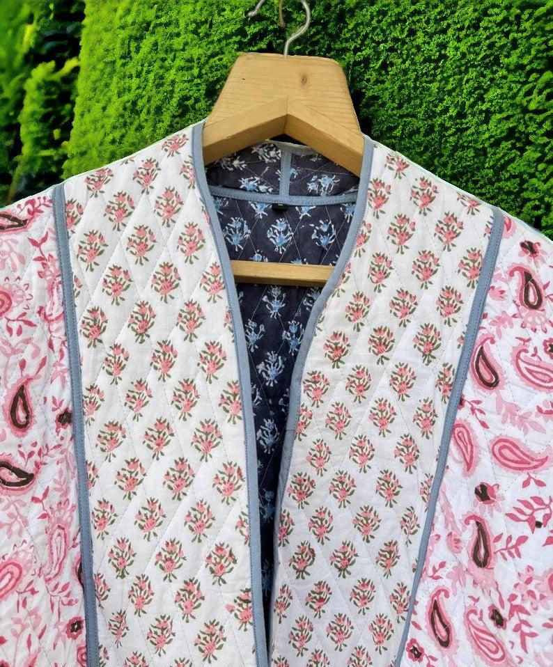 Handmade Cotton Quilted Jacket For Girls, Paisley Print Pink/Blue Reversible Jacket, Short Coat Gift For Woman, Stripe Piping Quilted Jacket