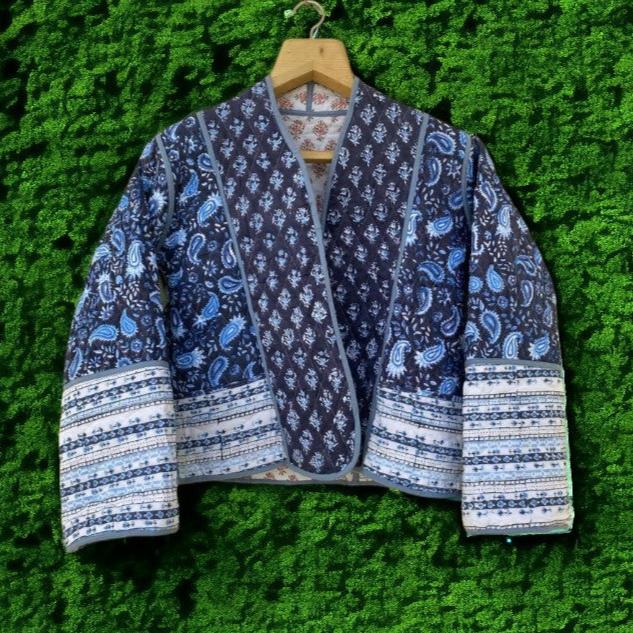 Handmade Cotton Quilted Jacket For Girls, Paisley Print Pink/Blue Reversible Jacket, Short Coat Gift For Woman, Stripe Piping Quilted Jacket