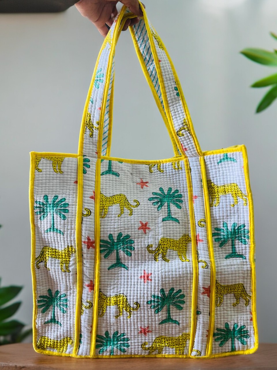 Large Cotton Quilted Grocery Tote Bag