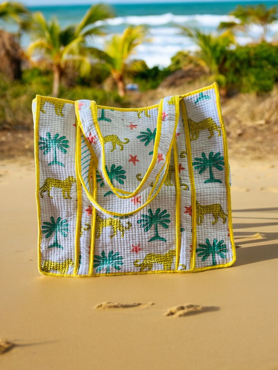 Large Cotton Quilted Grocery Tote Bag