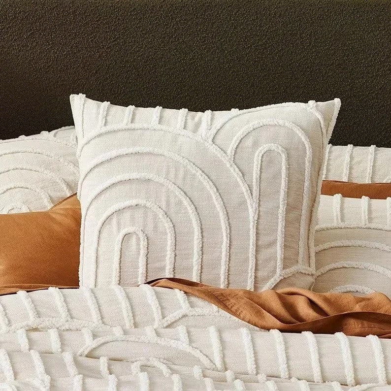 3 Piece Tufted Cotton Duvet Cover Set, White/Ivory Duvet Cover With Pillowcases, King/Queen/Twin Custom Size Quilt Comforter Cover Set