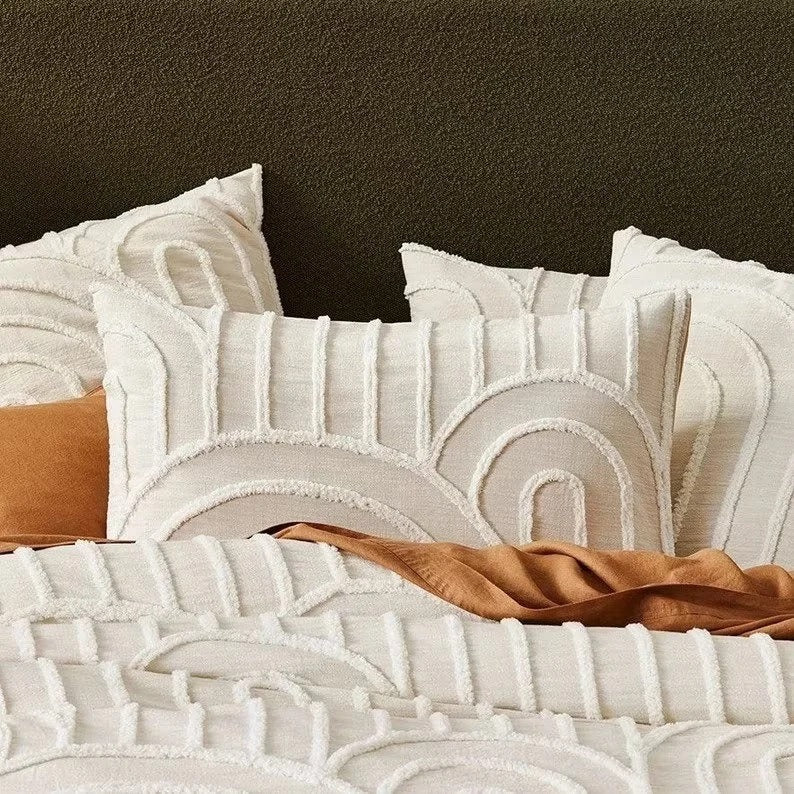3 Piece Tufted Cotton Duvet Cover Set, White/Ivory Duvet Cover With Pillowcases, King/Queen/Twin Custom Size Quilt Comforter Cover Set